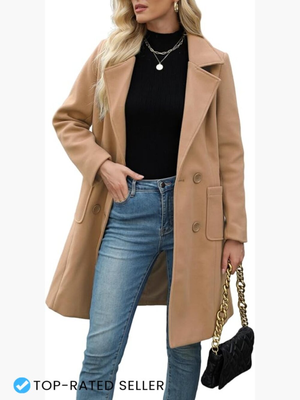 Women's Winter Wool Blend Mid-Long Coat Notch Double-Breasted Lapel Jacket